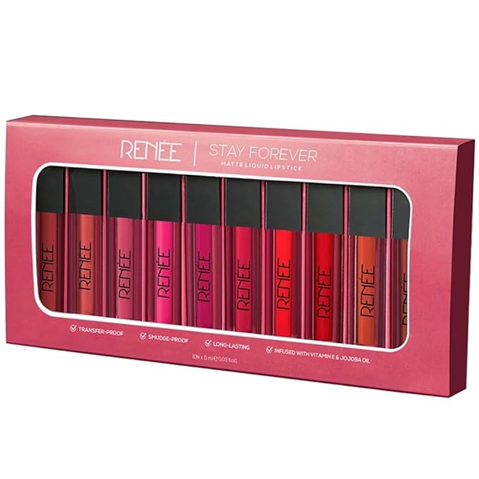 renee stay forever matte liquid lipstick combo | transfer & smudge proof | long lasting | infused with vitamin e & jojoba oil | perfect for gifting, wedding & special occasions | travel pack of 10