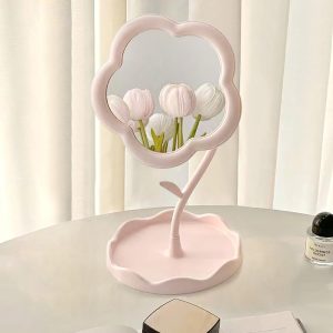 exofly flower shaped makeup mirror, rotatable makeup mirror with tray table vanity mirror cute flower shaped mirror for tabletop, bedroom, bathroom, living room(multicolour)