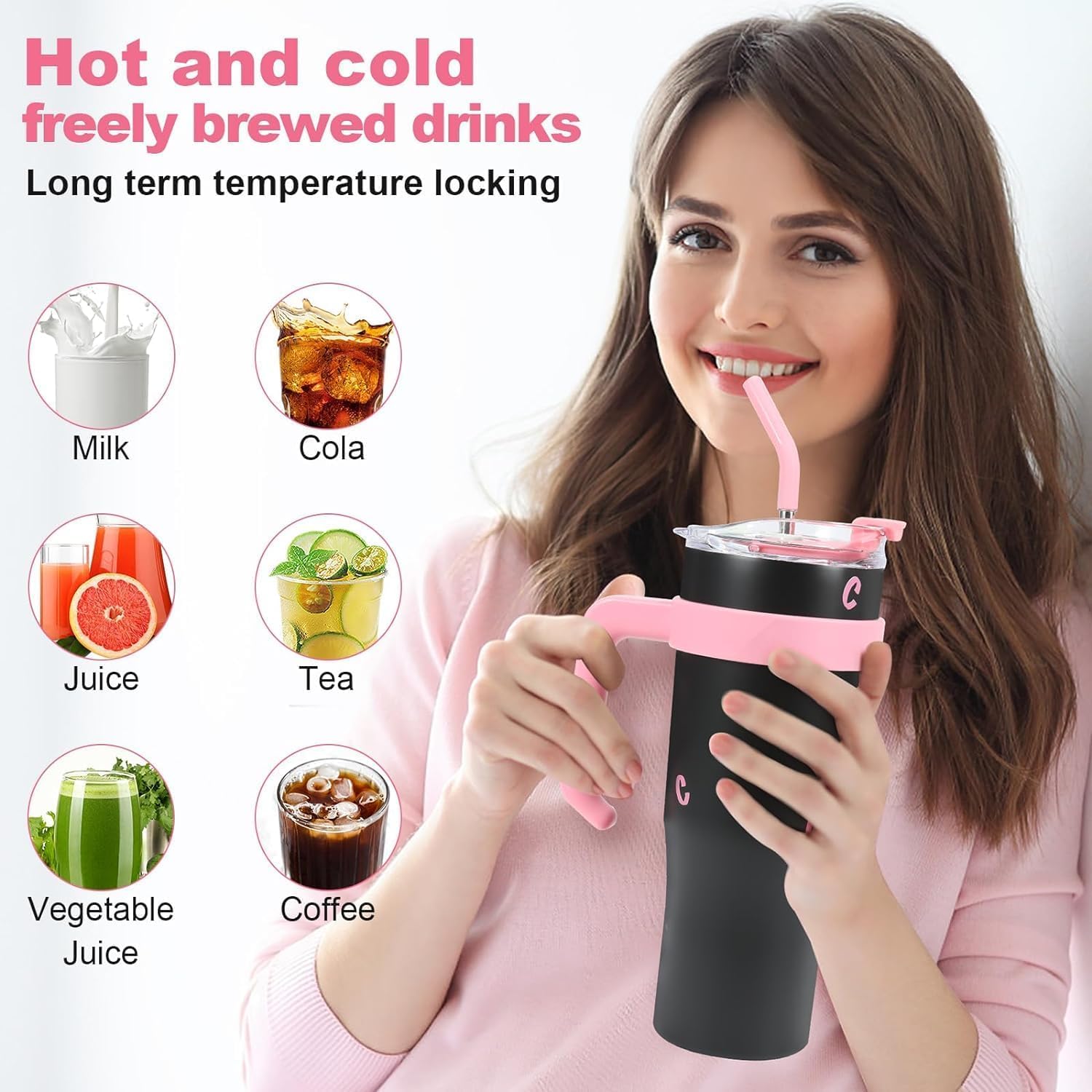 topprosper 40 oz tumbler with handle, large insulated tumblers with straw and lid, stainless steel vacuum travel coffee mug cup (black)